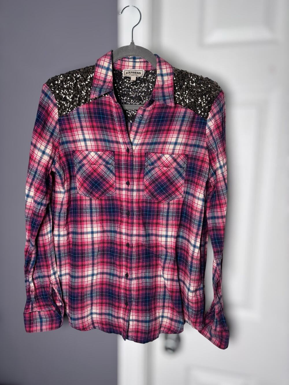 Express Boyfriend Blue Red Plaid Gold Sequin Shoulder Shirt XS